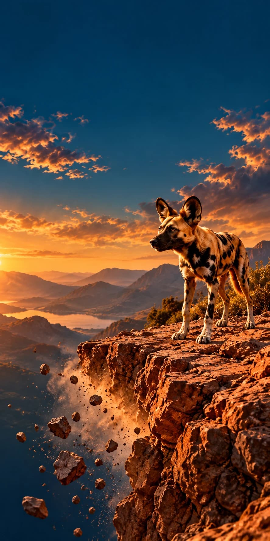 African painted dog overlooking a South African mountain landscape at sunset